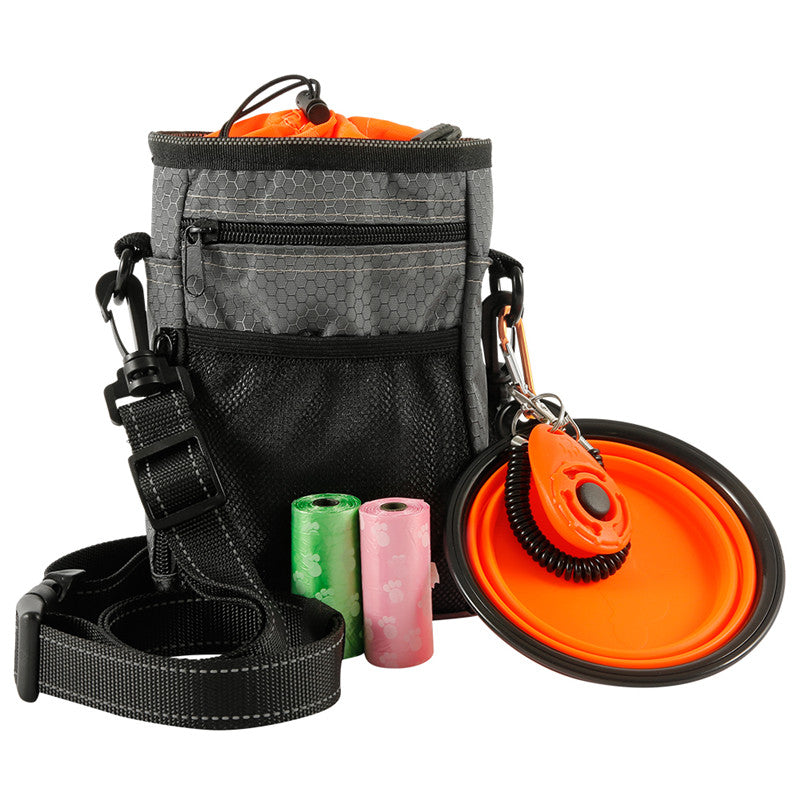 Grey training pouch with orange foldable bowl, waste bag, and clicker